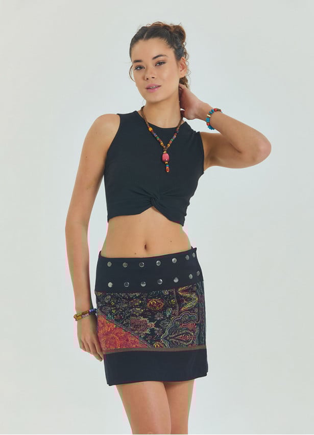 Snap Closure Patchwork Wrap Black Mini Skirt 4669